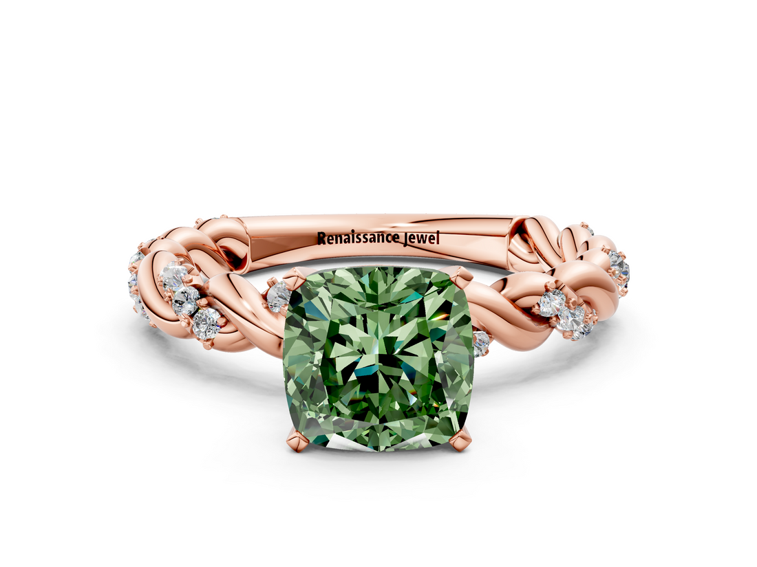 Rose gold Fancy Green Cushion  Solitaire Twisted Band with Pavé Accents and Four-Prong Setting_3
