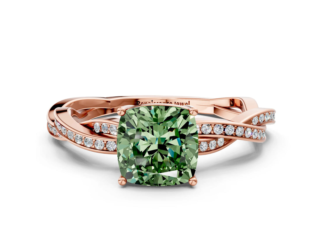 Rose gold Fancy Green Cushion  Solitaire Twisted Pave Diamond Ring with Four-Prong Setting_12