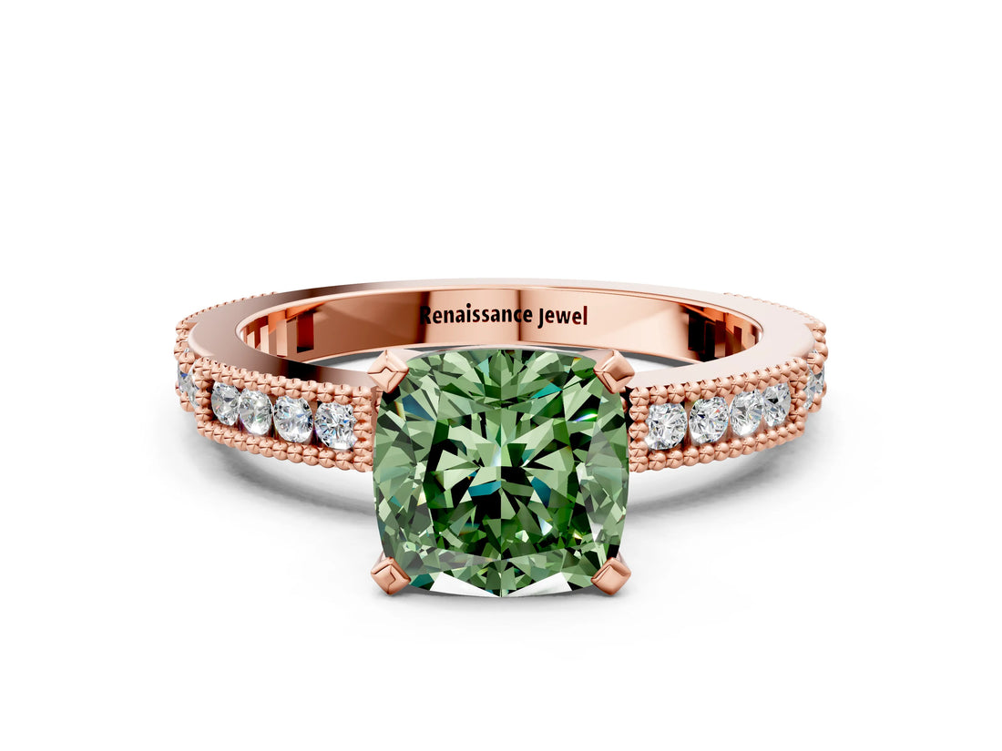 Rose gold Fancy Green Cushion  Solitaire with Pavé Band and Four-Prong Setting_290