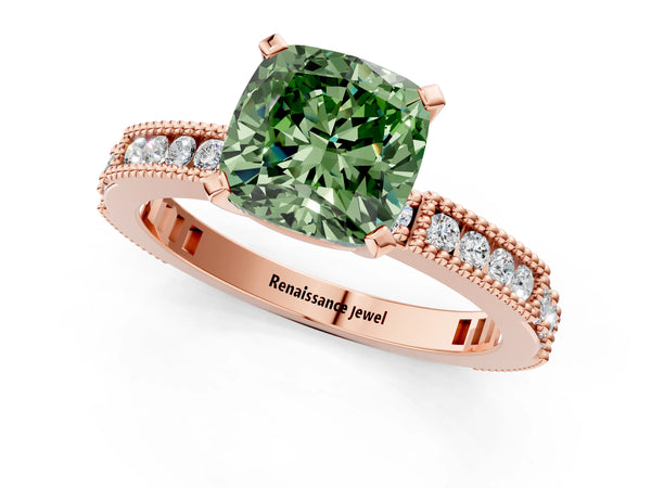 Rose gold Fancy Green Cushion  Solitaire with Pavé Band and Four-Prong Setting
