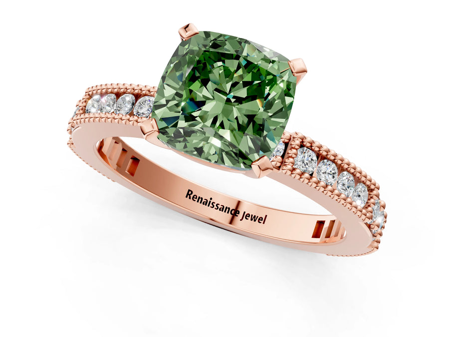 Rose gold Fancy Green Cushion  Solitaire with Pavé Band and Four-Prong Setting