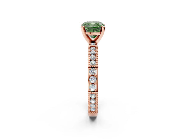 Rose gold Fancy Green Cushion  Solitaire with Pavé Band and Four-Prong Setting
