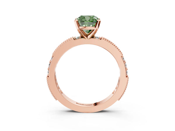 Rose gold Fancy Green Cushion  Solitaire with Pavé Band and Four-Prong Setting