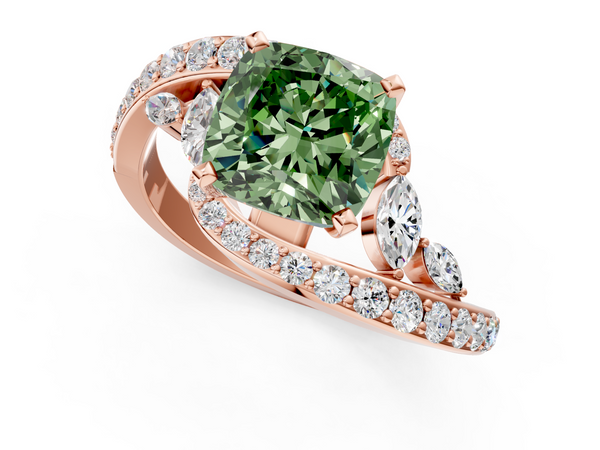 Rose gold Fancy Green Cushion  Solitaire with Pavé Twist Band and Four-Prong Setting