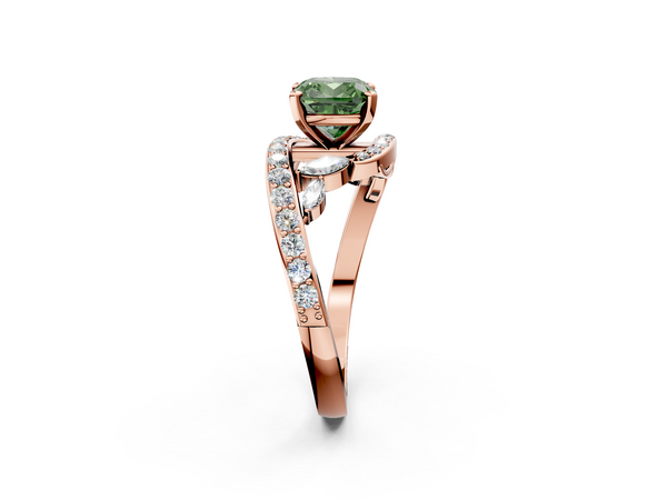 Rose gold Fancy Green Cushion  Solitaire with Pavé Twist Band and Four-Prong Setting
