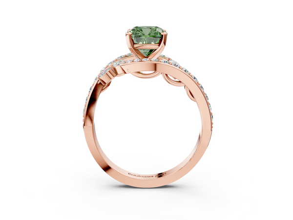Rose gold Fancy Green Cushion  Solitaire with Pavé Twist Band and Four-Prong Setting