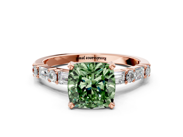 Rose gold Fancy Green Cushion Cut Diamond Solitaire with Side Baguettes and Channel Set Band