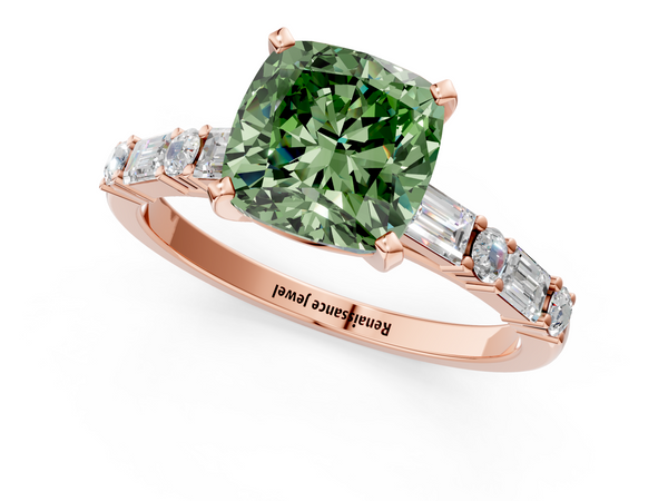 Rose gold Fancy Green Cushion Cut Diamond Solitaire with Side Baguettes and Channel Set Band