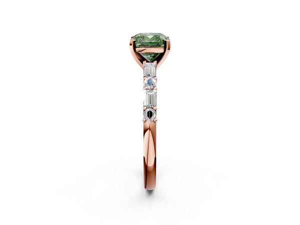 Rose gold Fancy Green Cushion Cut Diamond Solitaire with Side Baguettes and Channel Set Band