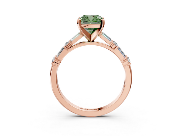 Rose gold Fancy Green Cushion Cut Diamond Solitaire with Side Baguettes and Channel Set Band