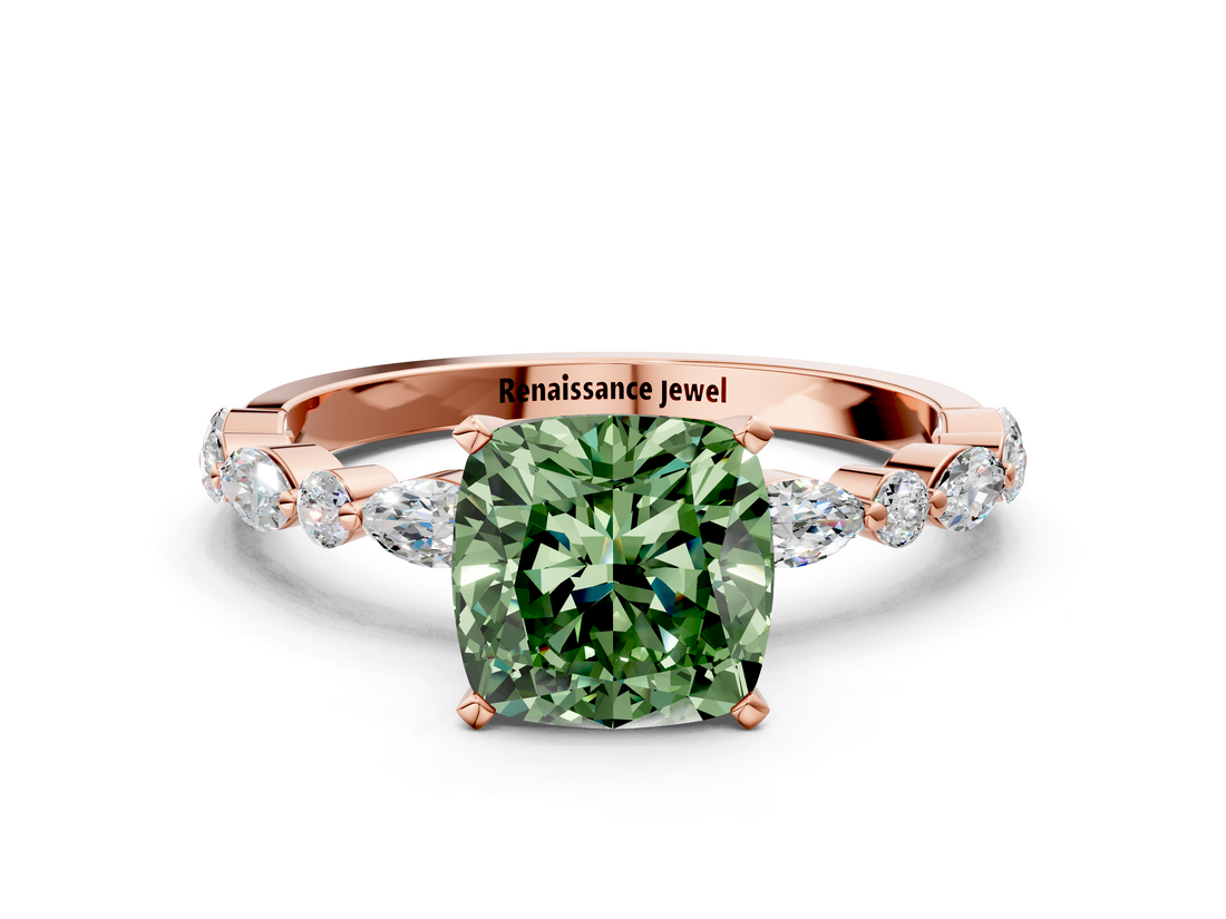Rose gold Fancy Green Cushion  Solitaire with Side Stones on a Pavé Band and Four-Prong Setting_24