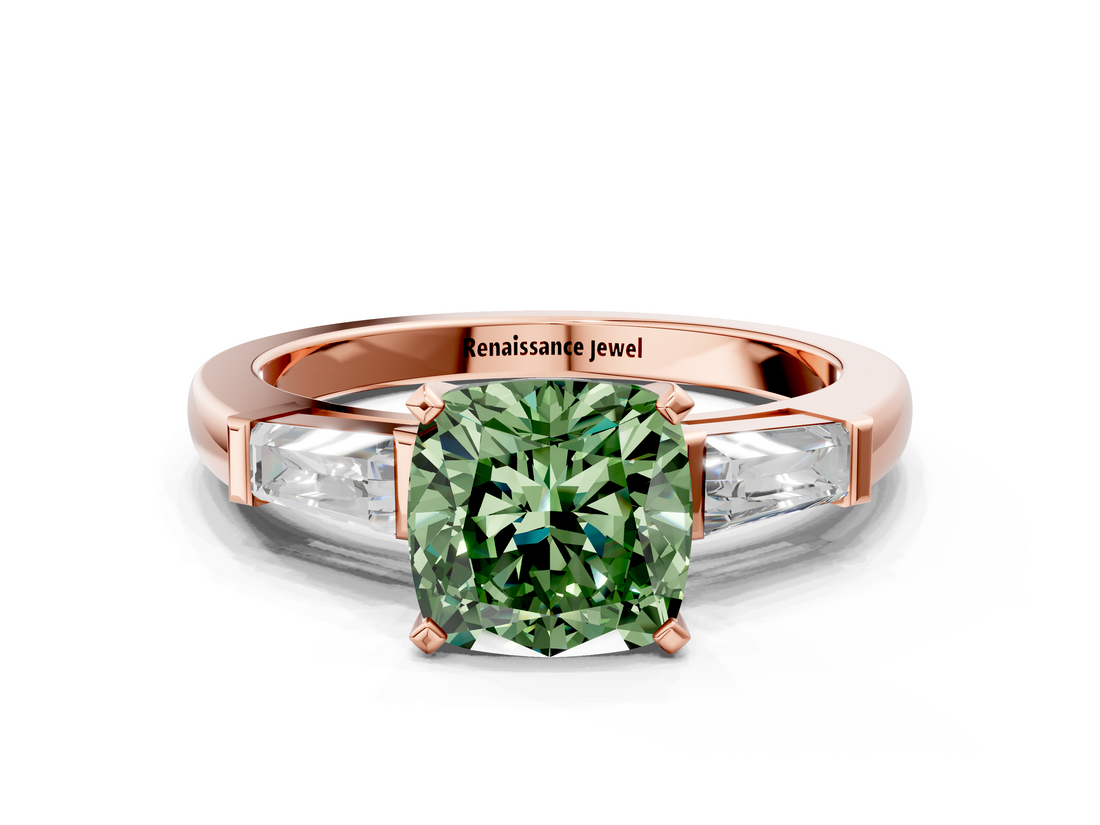 Rose gold Fancy Green Cushion  Solitaire with Tapered Baguette Side Stones on a Classic Band with Four-Prong Setting_73