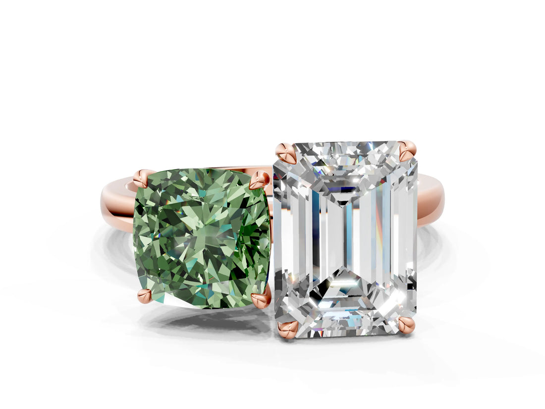Rose gold Fancy Green Cushion  and Emerald Cut Toi Moi Ring with Prong Setting_47