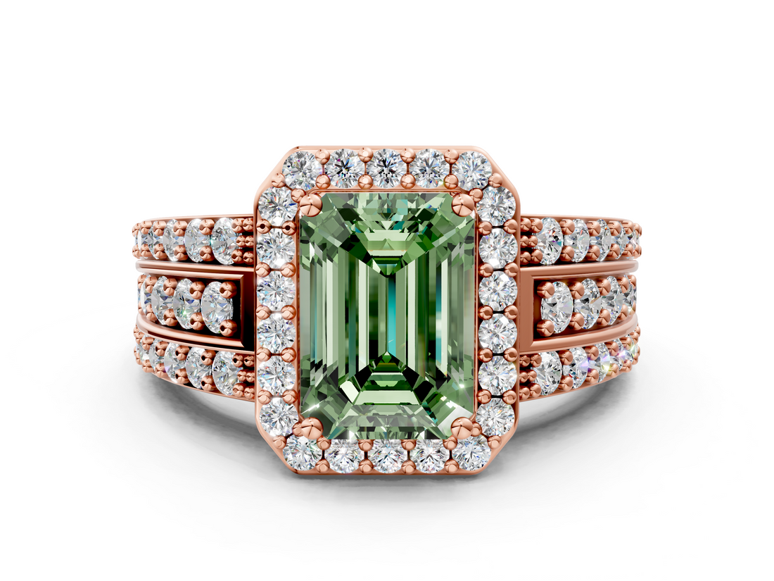 Rose gold Fancy Green Emerald -Cut Halo Diamond Ring with Split Shank and Four-Prong Setting_136