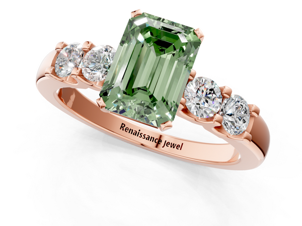 Rose gold Fancy Green Emerald  Brilliant Cut Diamond Five-Stone Prong Set Engagement Ring with Channel Band