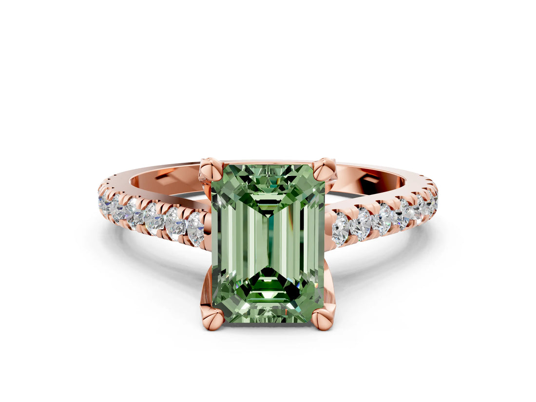 Rose gold Fancy Green Emerald  Brilliant Diamond Solitaire with Pavé Band and Four-Prong Setting