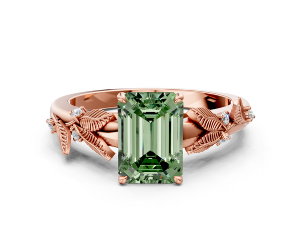 Rose gold Fancy Green Emerald Cut Diamond Solitaire Ring with Leaf Motif Band and Four-Prong Setting