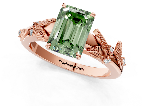 Rose gold Fancy Green Emerald Cut Diamond Solitaire Ring with Leaf Motif Band and Four-Prong Setting