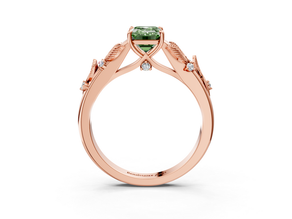 Rose gold Fancy Green Emerald Cut Diamond Solitaire Ring with Leaf Motif Band and Four-Prong Setting