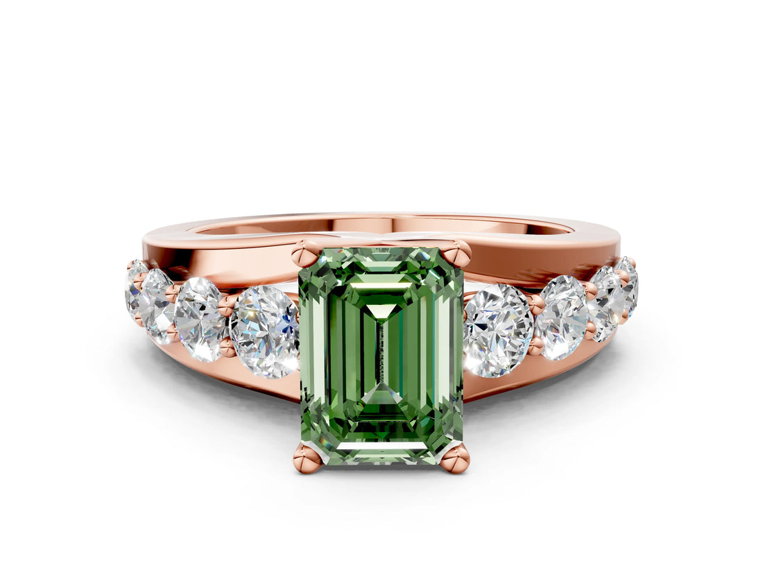 Rose gold Fancy Green Emerald  Brilliant Solitaire with Side Stones on a Pave Band and Four-Prong Setting_24