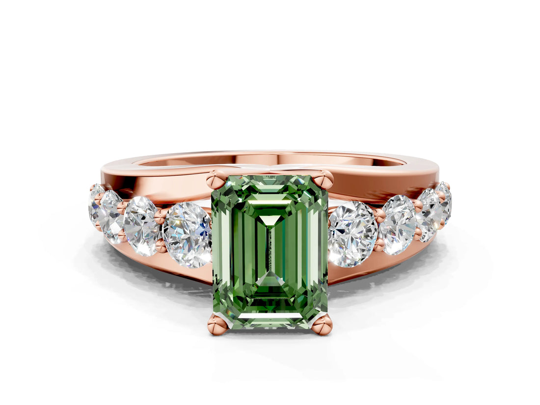 Rose gold Fancy Green Emerald  Brilliant Solitaire with Side Stones on a Pave Band and Four-Prong Setting_37