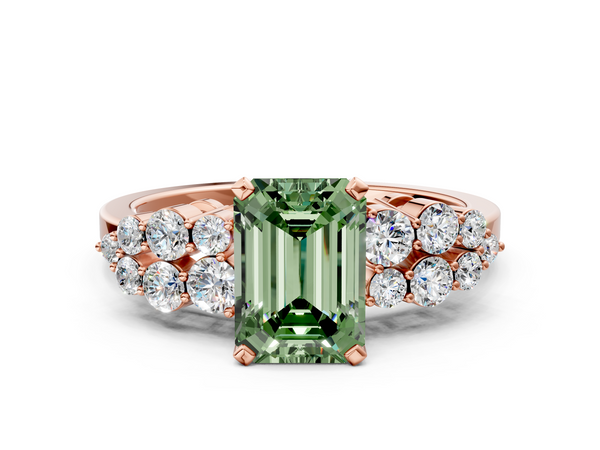 Rose gold Fancy Green Emerald  Cluster Diamond Engagement Ring with Pavé Band and Four-Prong Setting