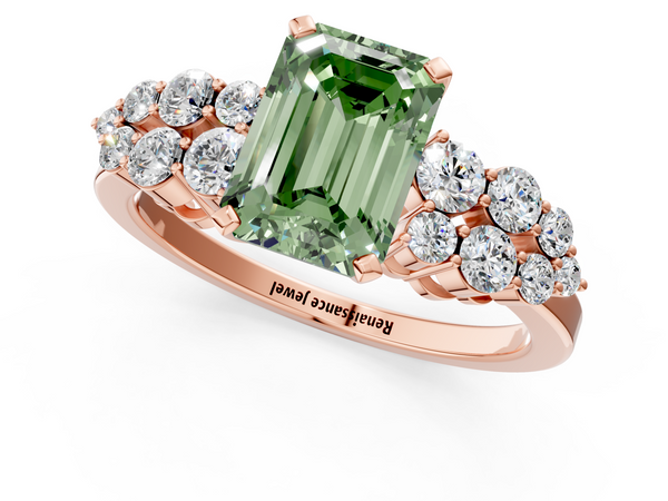 Rose gold Fancy Green Emerald  Cluster Diamond Engagement Ring with Pavé Band and Four-Prong Setting
