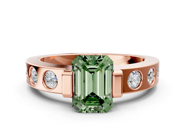 Rose gold Fancy Green Emerald Cut Brilliant Channel-Set Diamond Ring with Bezel Prong Setting
