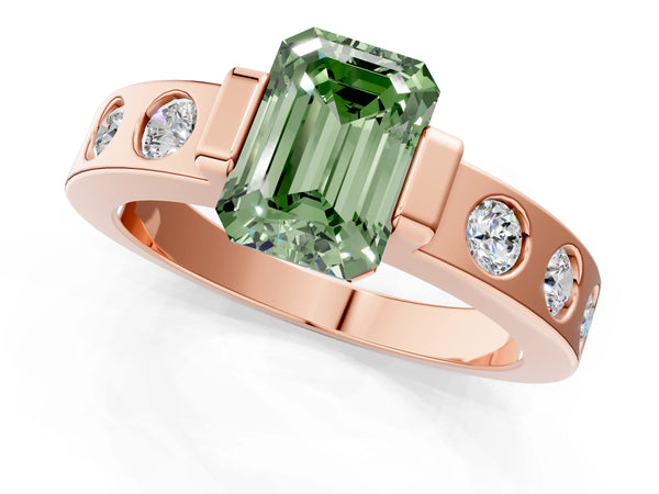 Rose gold Fancy Green Emerald Cut Brilliant Channel-Set Diamond Ring with Bezel Prong Setting