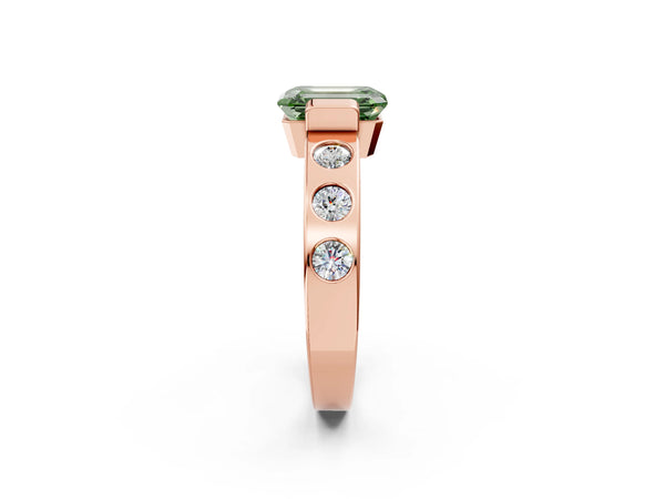 Rose gold Fancy Green Emerald Cut Brilliant Channel-Set Diamond Ring with Bezel Prong Setting