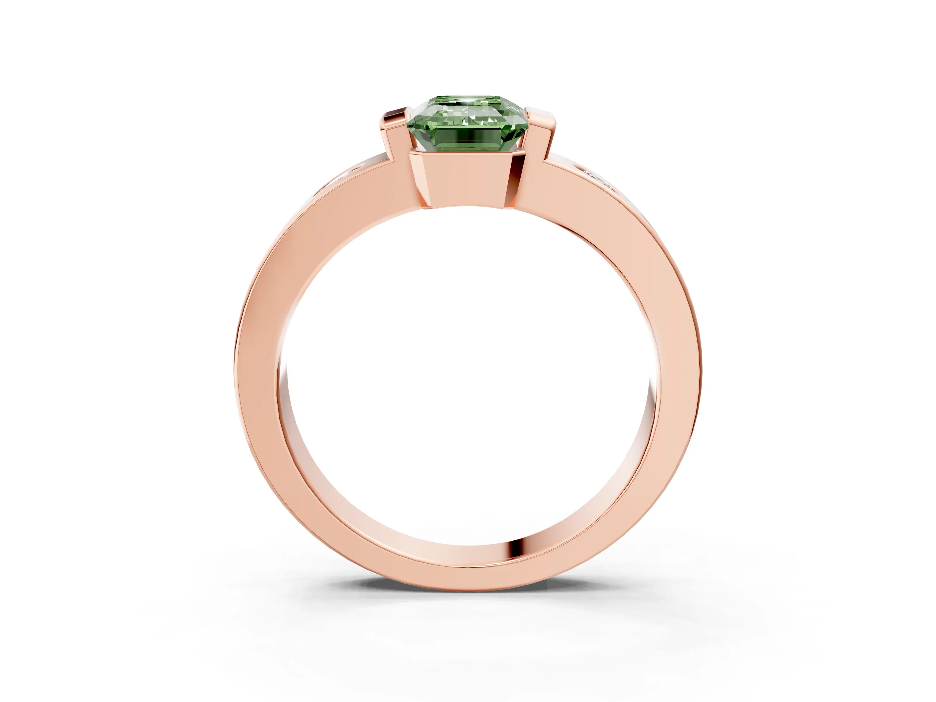 Rose gold Fancy Green Emerald Cut Brilliant Channel-Set Diamond Ring with Bezel Prong Setting_3