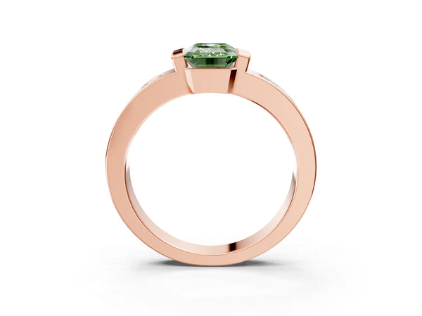 Rose gold Fancy Green Emerald Cut Brilliant Channel-Set Diamond Ring with Bezel Prong Setting