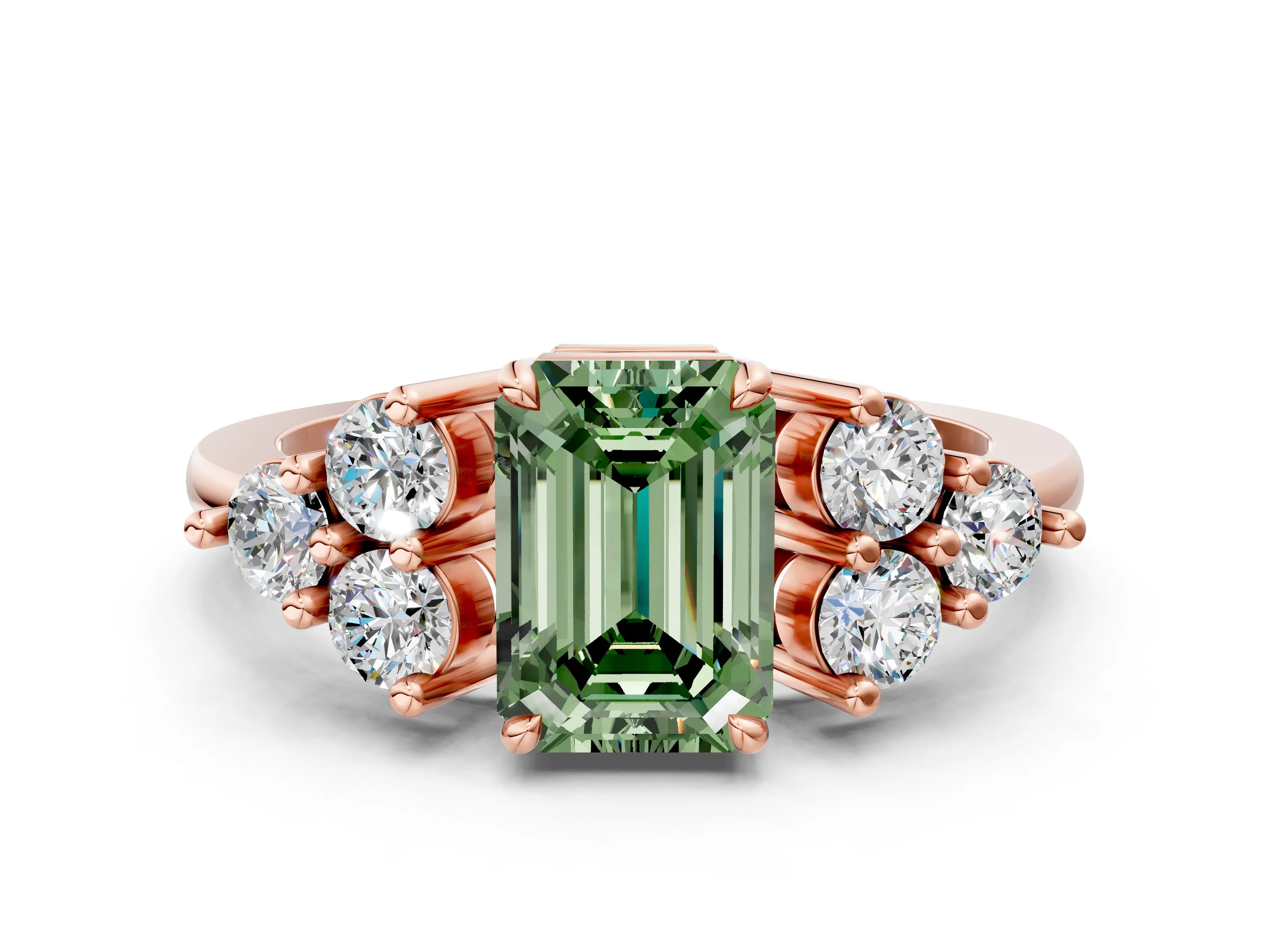 Rose gold Fancy Green Emerald Cut Brilliant Diamond Cluster Accent Solitaire Ring with Prong Setting
