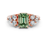Rose gold Fancy Green Emerald Cut Brilliant Diamond Cluster Accent Solitaire Ring with Prong Setting
