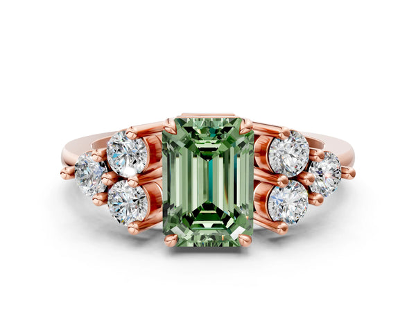 Rose gold Fancy Green Emerald Cut Brilliant Diamond Cluster Accent Solitaire Ring with Prong Setting
