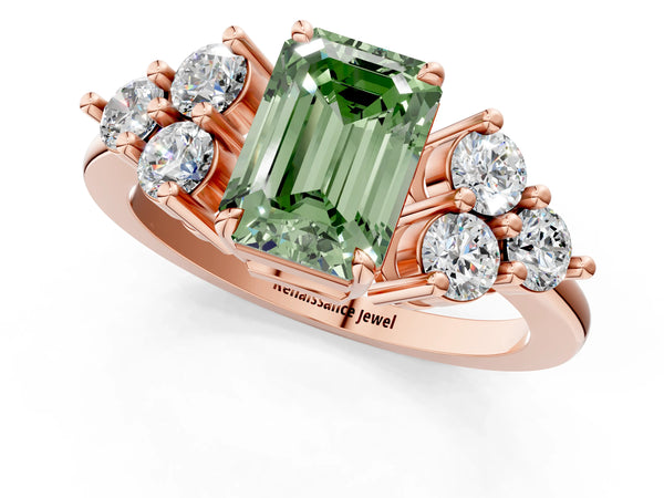 Rose gold Fancy Green Emerald Cut Brilliant Diamond Cluster Accent Solitaire Ring with Prong Setting