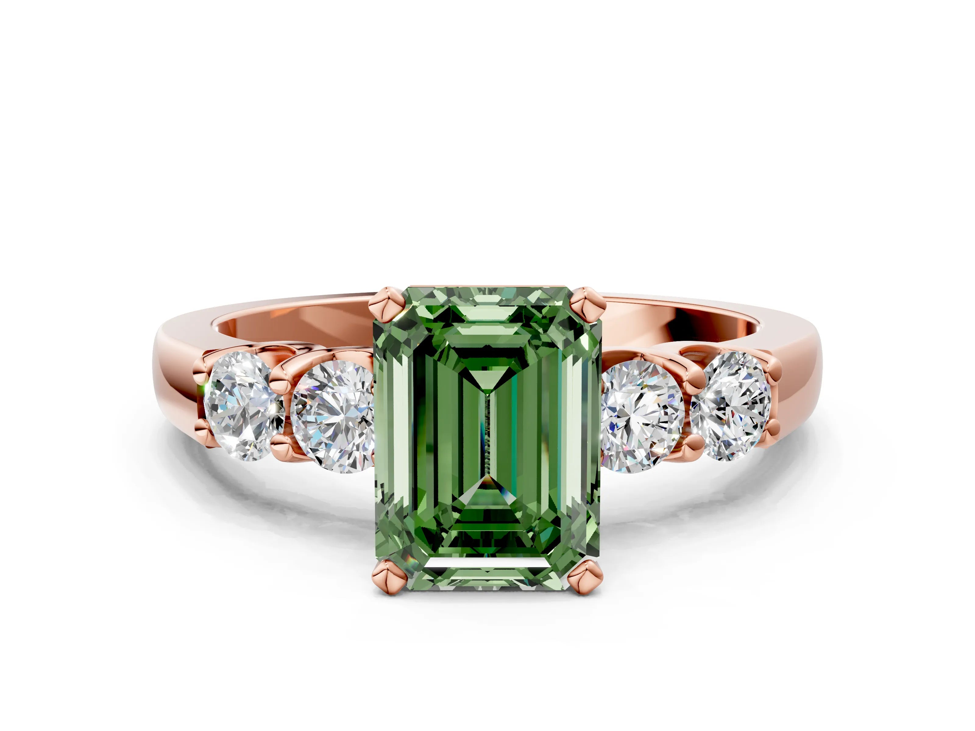 Rose gold Fancy Green Emerald Cut Brilliant Diamond Five-Stone Engagement Ring with Prong Setting on a Classic Band_3