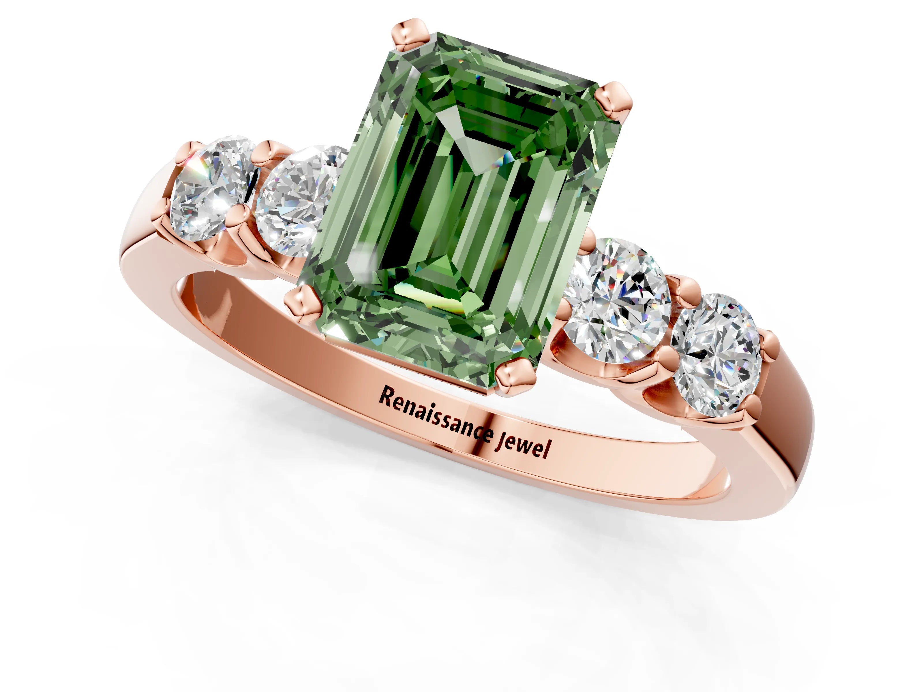 Rose gold Fancy Green Emerald Cut Brilliant Diamond Five-Stone Engagement Ring with Prong Setting on a Classic Band_4
