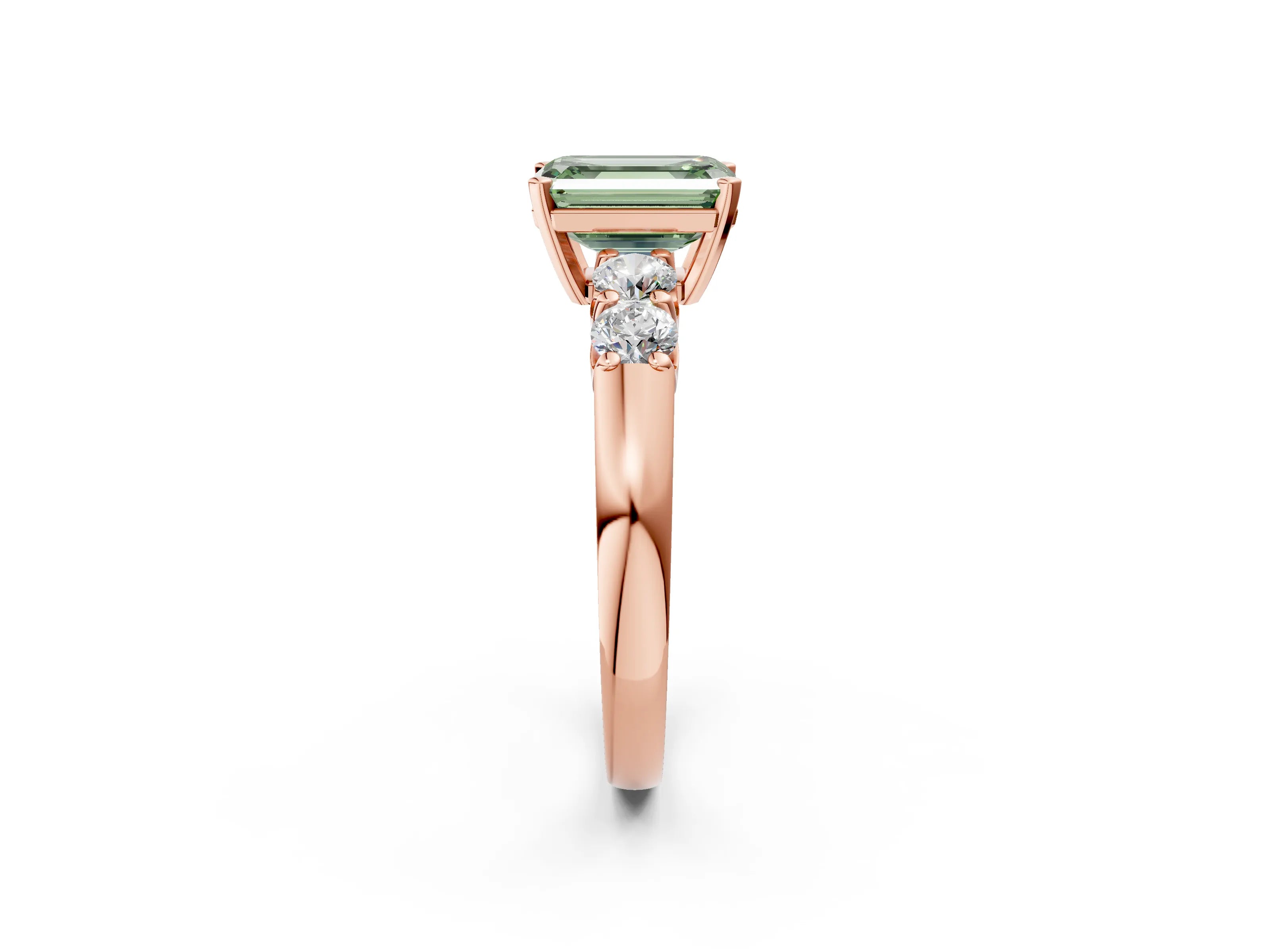 Rose gold Fancy Green Emerald Cut Brilliant Diamond Five-Stone Engagement Ring with Prong Setting on a Classic Band_5