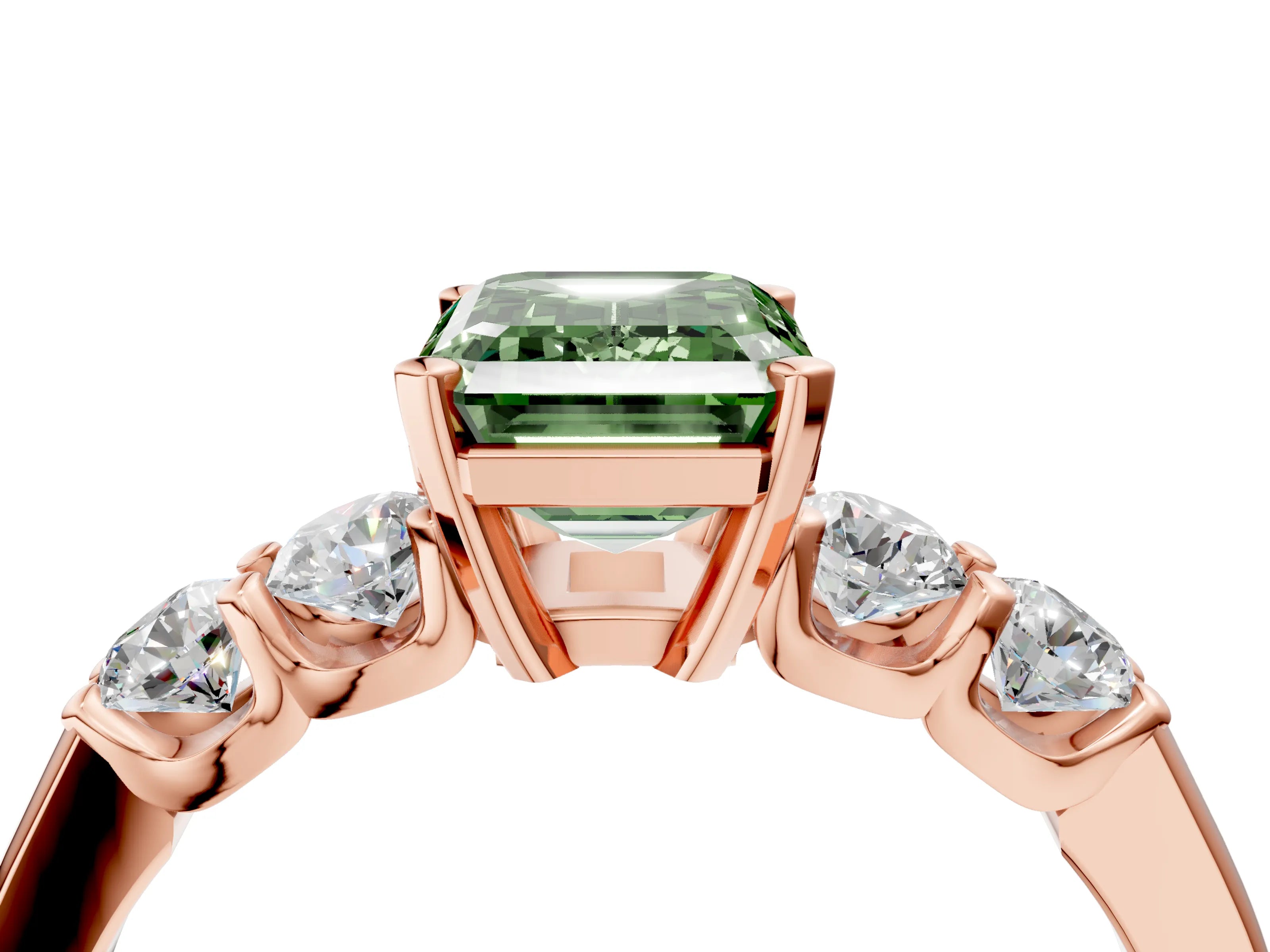 Rose gold Fancy Green Emerald Cut Brilliant Diamond Five-Stone Engagement Ring with Prong Setting on a Classic Band_7