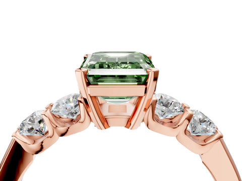Rose gold Fancy Green Emerald Cut Brilliant Diamond Five-Stone Engagement Ring with Prong Setting on a Classic Band_7