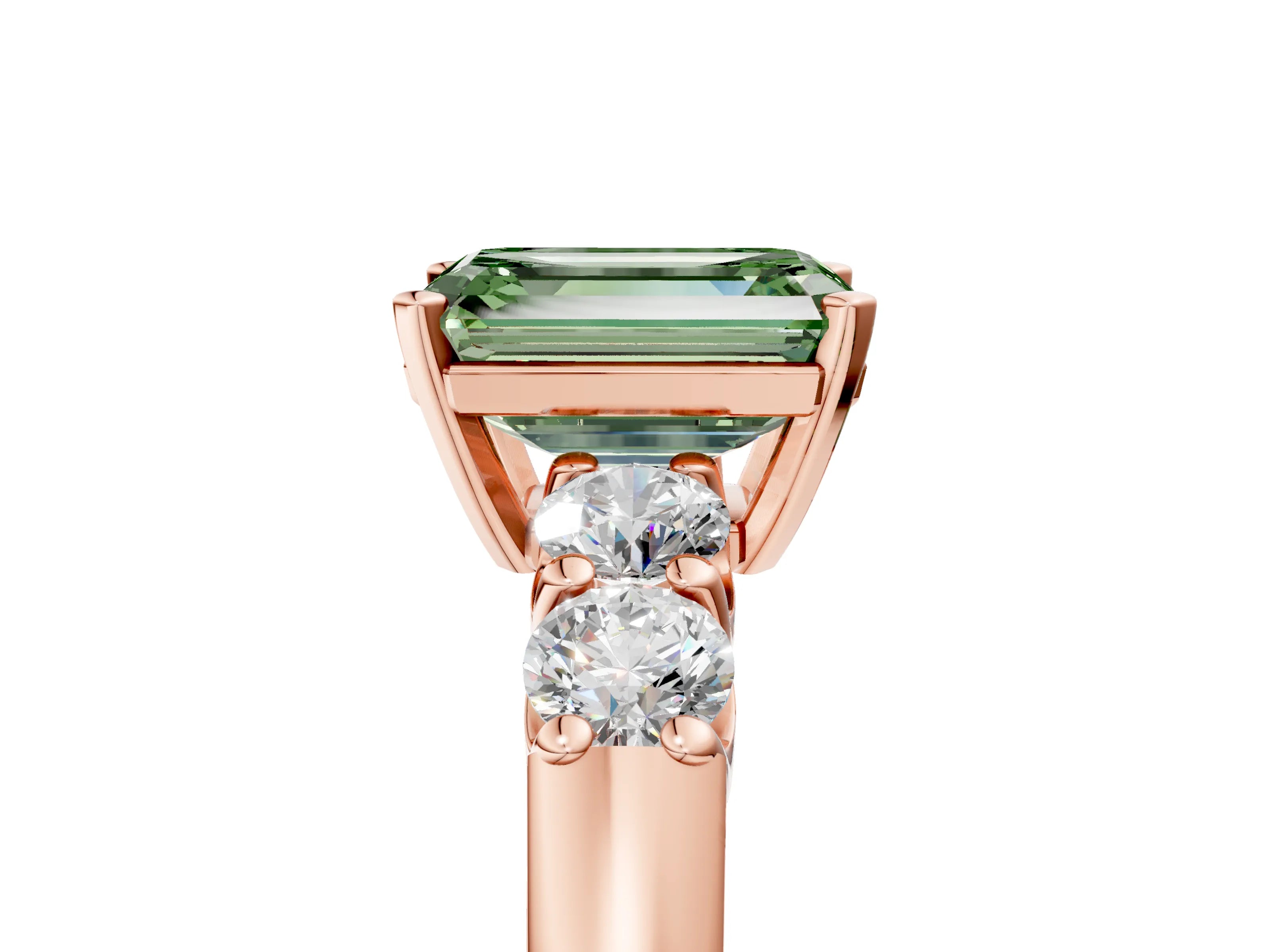 Rose gold Fancy Green Emerald Cut Brilliant Diamond Five-Stone Engagement Ring with Prong Setting on a Classic Band_8