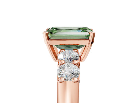 Rose gold Fancy Green Emerald Cut Brilliant Diamond Five-Stone Engagement Ring with Prong Setting on a Classic Band_8