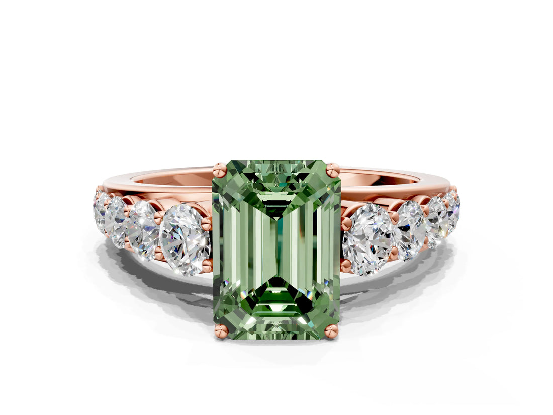 Rose gold Fancy Green Emerald Cut Brilliant Diamond Pavé Band with Six-Prong Setting