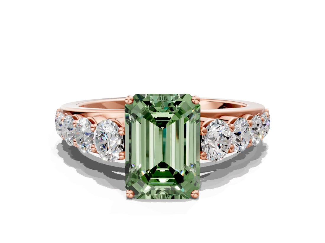 Rose gold Fancy Green Emerald Cut Brilliant Diamond Pavé Band with Six-Prong Setting_12