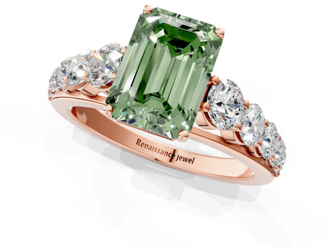 Rose gold Fancy Green Emerald Cut Brilliant Diamond Pavé Band with Six-Prong Setting_1