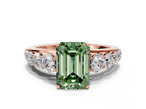 Rose gold Fancy Green Emerald Cut Brilliant Diamond Pavé Band with Six-Prong Setting