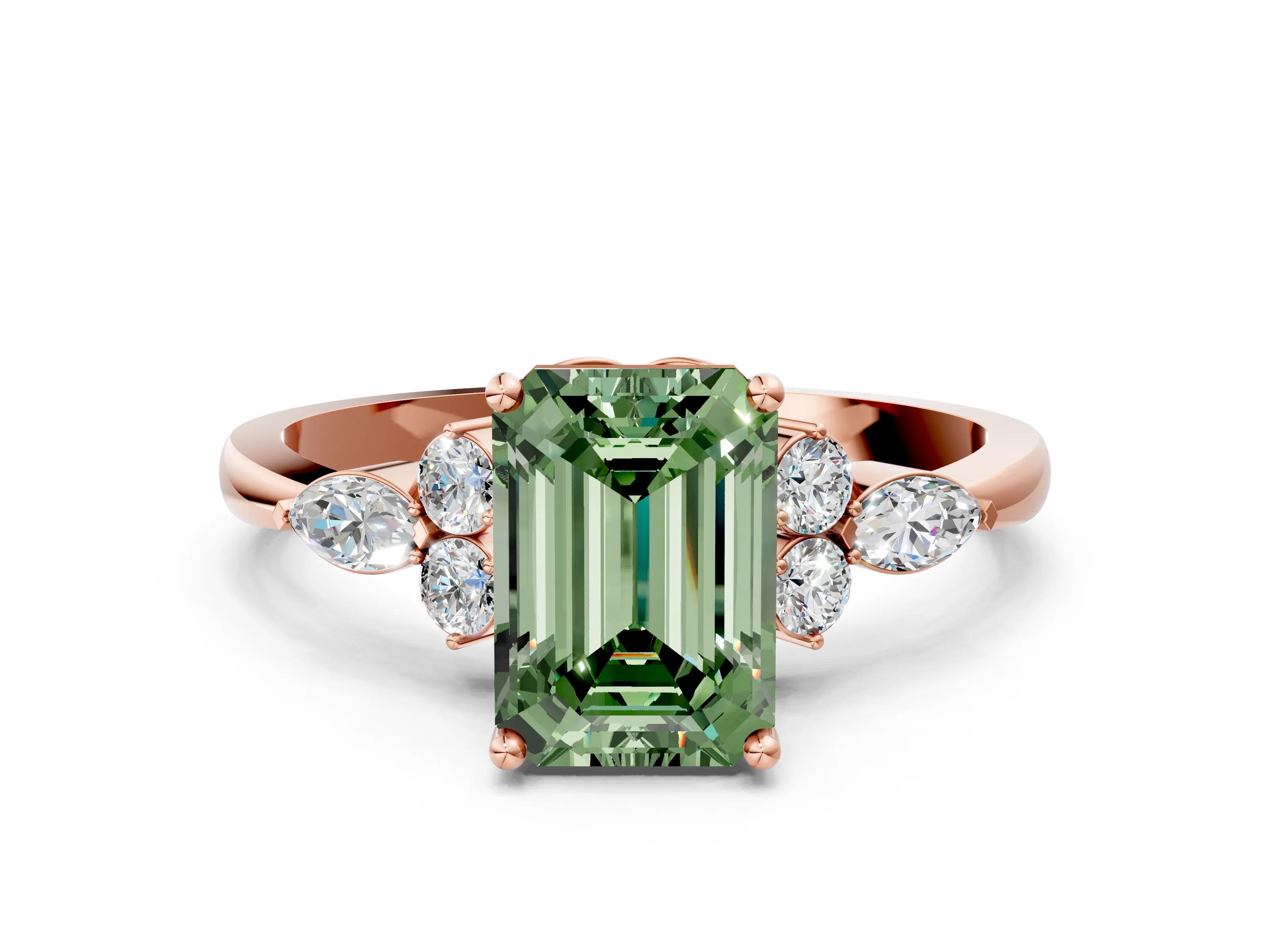 Rose gold Fancy Green Emerald Cut Brilliant Diamond Solitaire Ring with Pear Side Stones and Four-Prong Setting_3