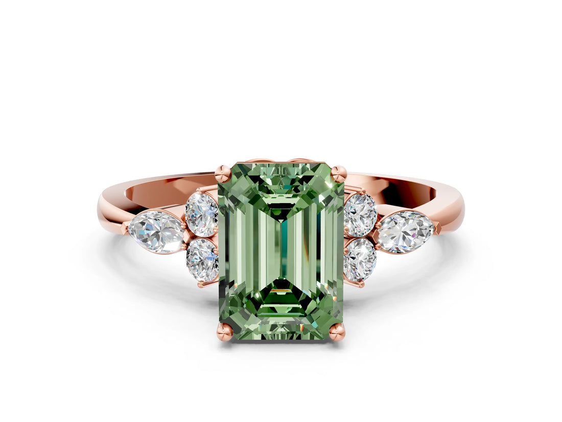 Rose gold Fancy Green Emerald Cut Brilliant Diamond Solitaire Ring with Pear Side Stones and Four-Prong Setting_3