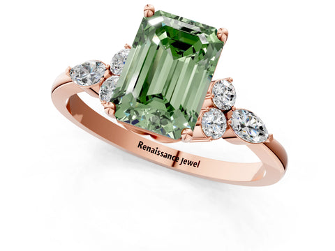 Rose gold Fancy Green Emerald Cut Brilliant Diamond Solitaire Ring with Pear Side Stones and Four-Prong Setting_4